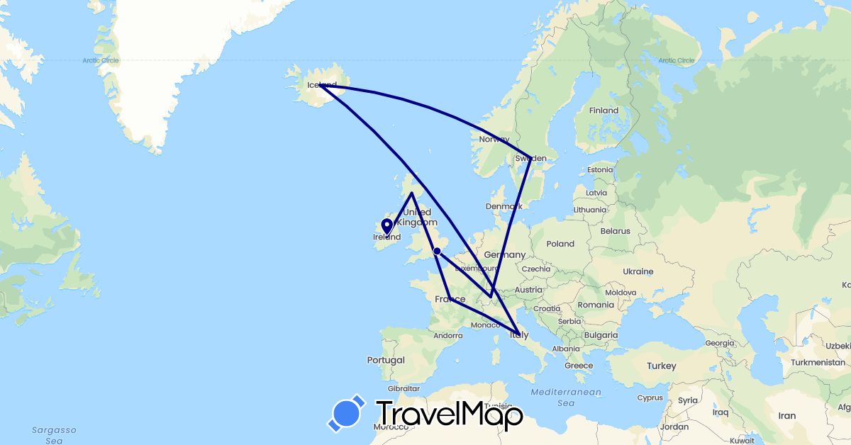 TravelMap itinerary: driving in Switzerland, France, United Kingdom, Ireland, Iceland, Italy, Sweden (Europe)